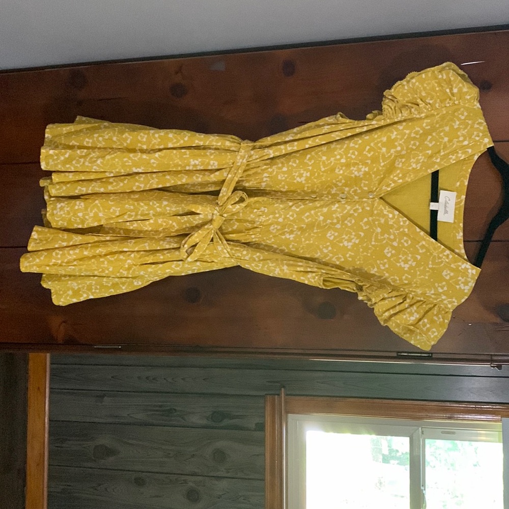 CLEOBELLA NWT Zia Organic CottonRuffle Tie Waist Mini Dress in Mustard // L